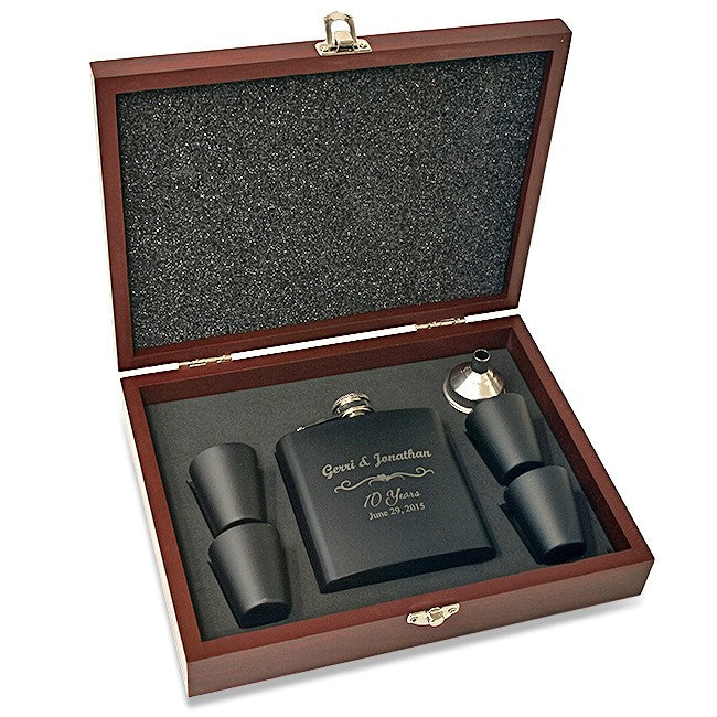 Anniversary Gift Personalized Black Flask With Wooden Box - Executive Gift Shoppe