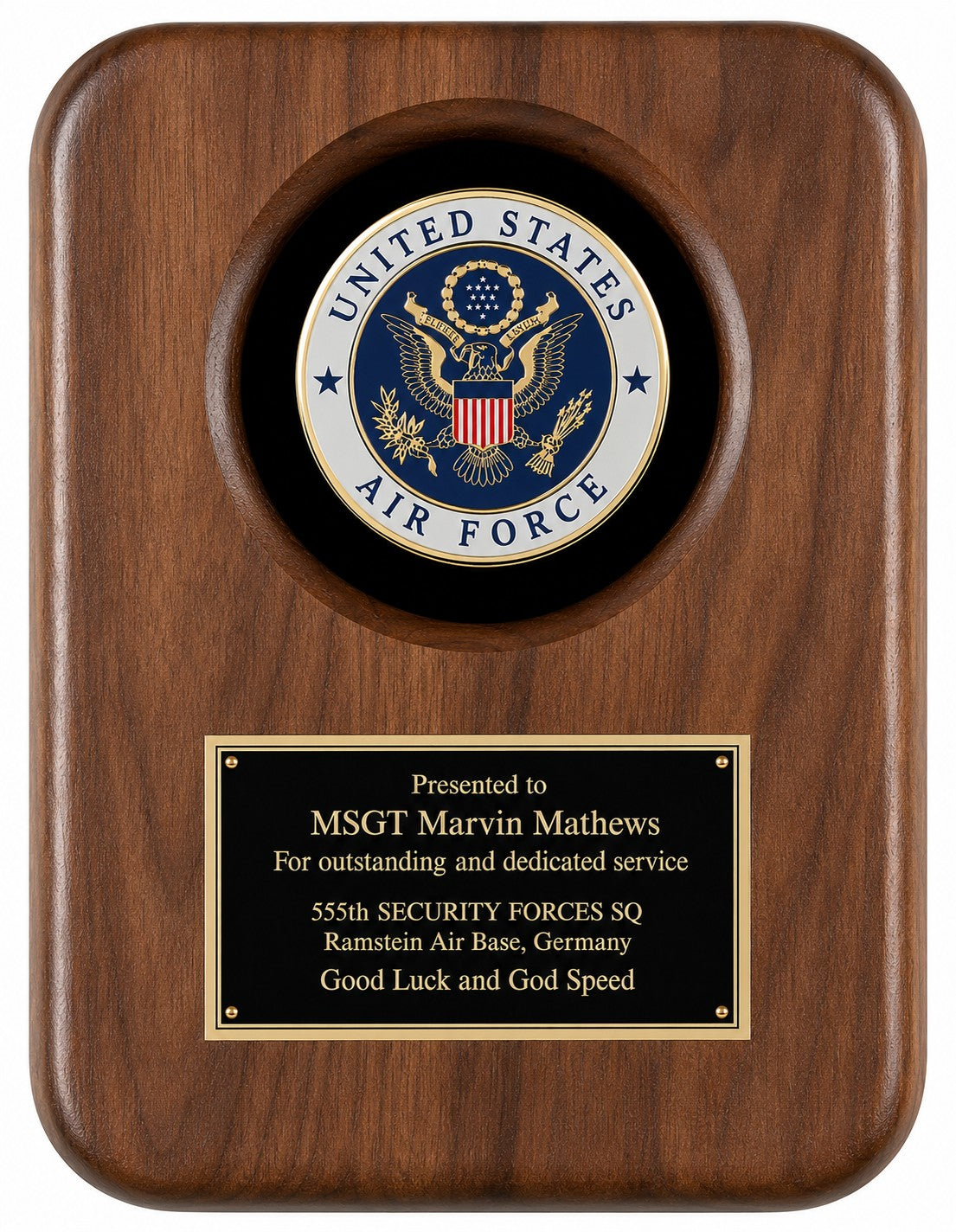 US Air Force Genuine Walnut Plaque with Laser Engraved Plate