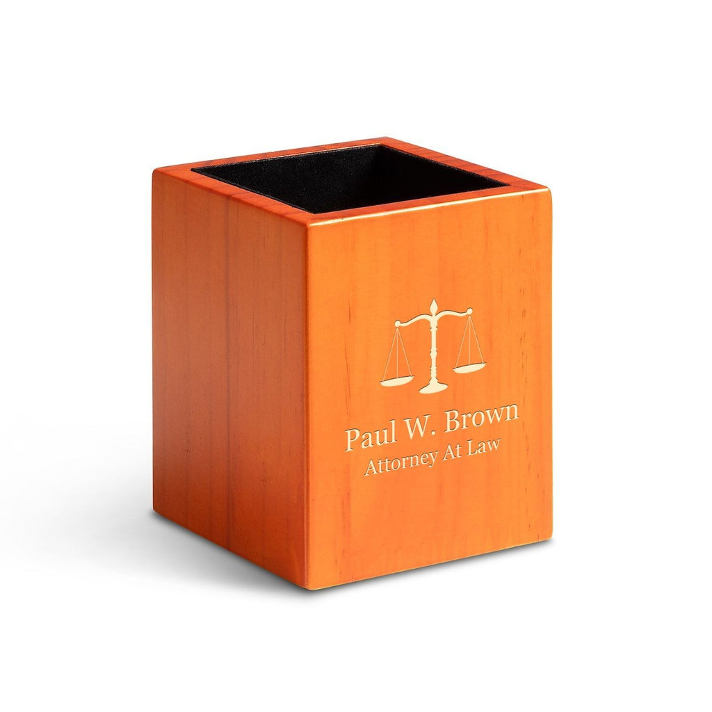 Saddle Finish Wood Lawyer Theme Personalized Pen and Pencil Cup