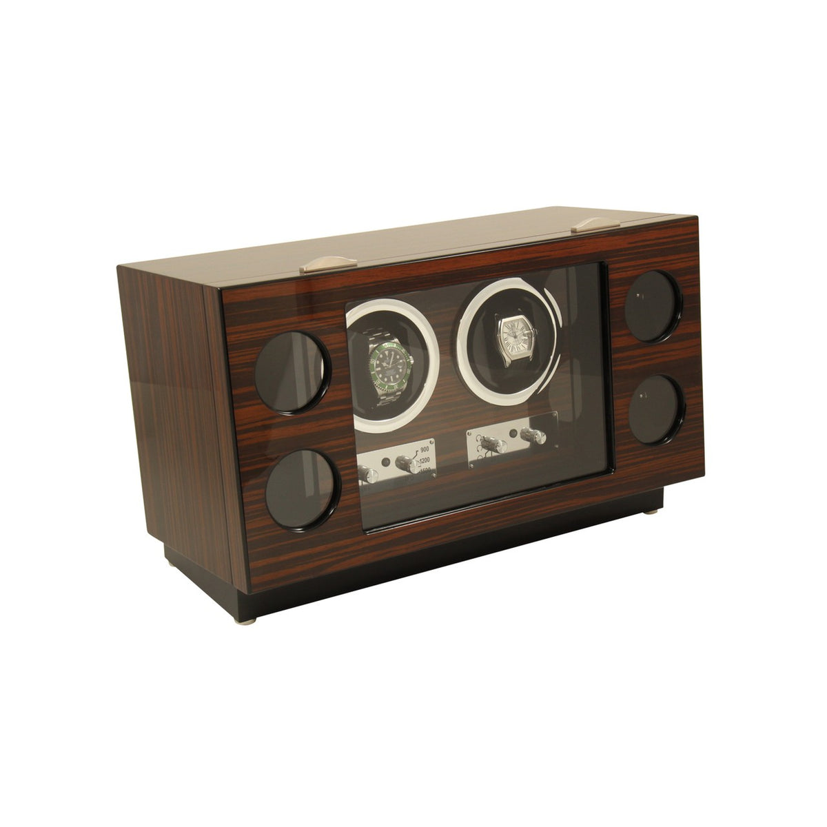 Ebony Burl Wood Two Watch Winder With Glass Face