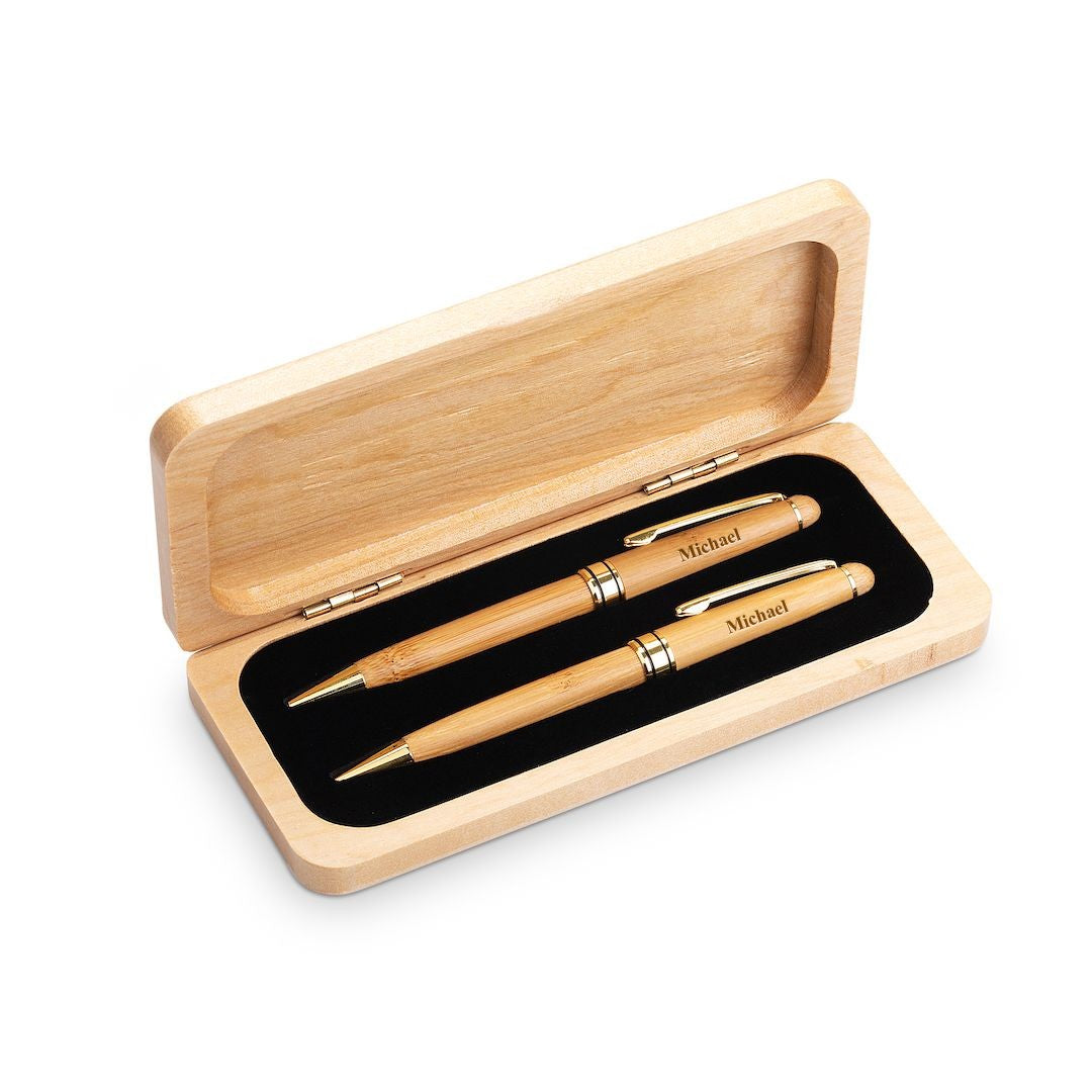 Split Monogram Theme Personalized Elegance Collection Maple Wood Pen & Pencil Set