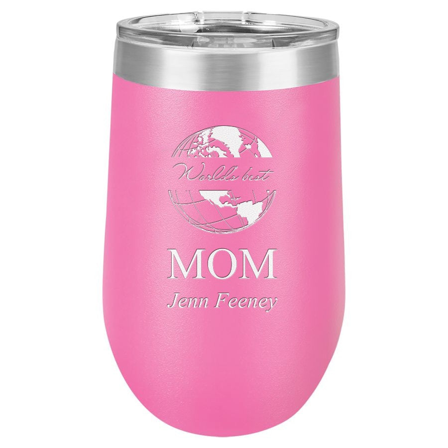 World's Best Mom Personalized 16 Ounce Pink Insulated Stemless Wine Glass