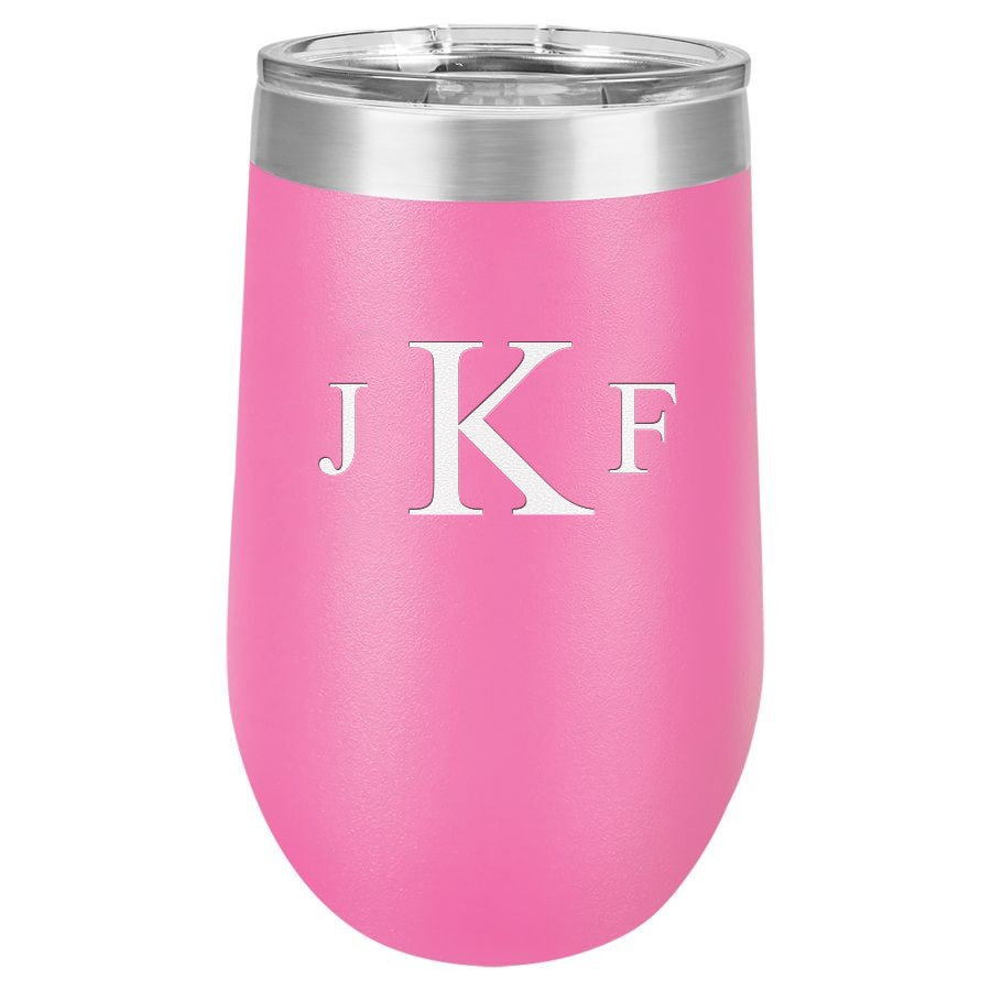 Roman Monogram 16 Ounce Pink Insulated Stemless Wine Glass