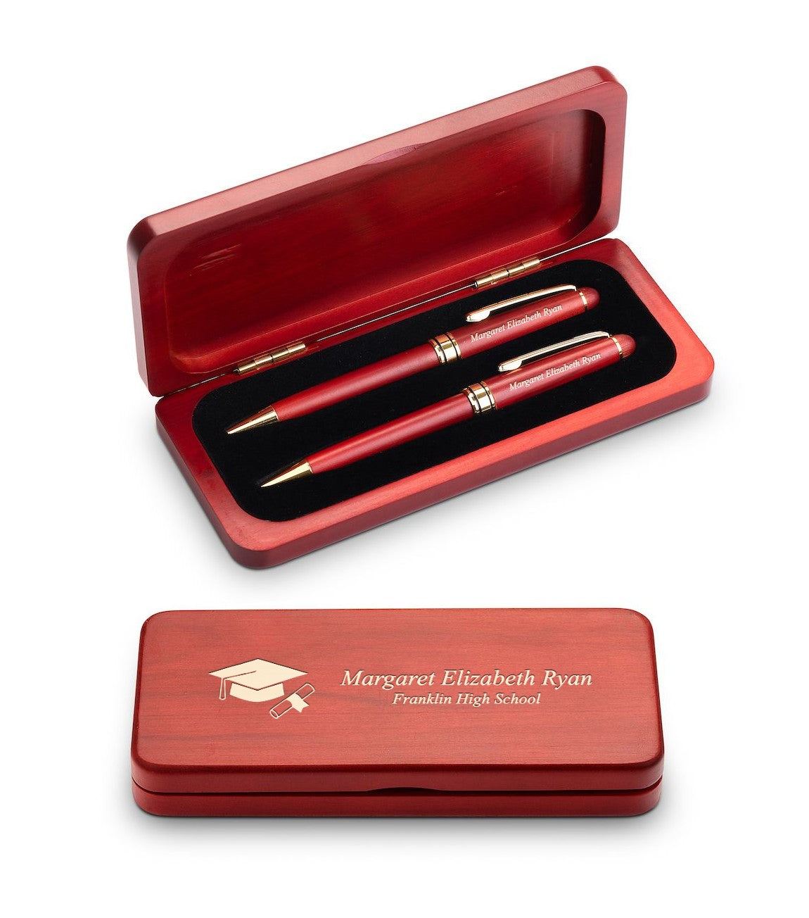 Graduation Cap & Gown Elegance Collection Cherry Finish Engraved Pen & Pencil Set