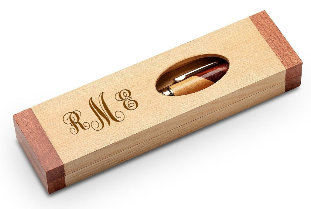Script Monogram Theme Personalized Maple & Rosewood Engraved Pen and Box