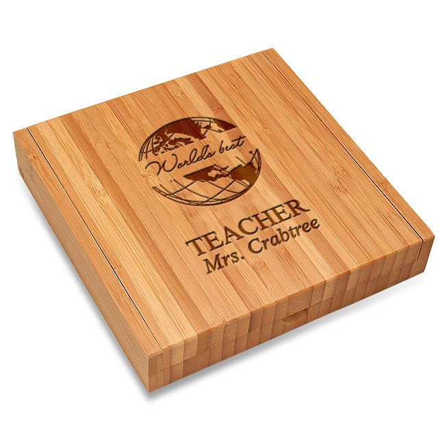 World's Best Teacher Bamboo Cheese Set With Tools