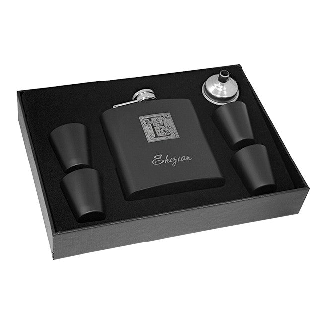 Monogram Black Flask & Shot Cups Gift Set - Executive Gift Shoppe