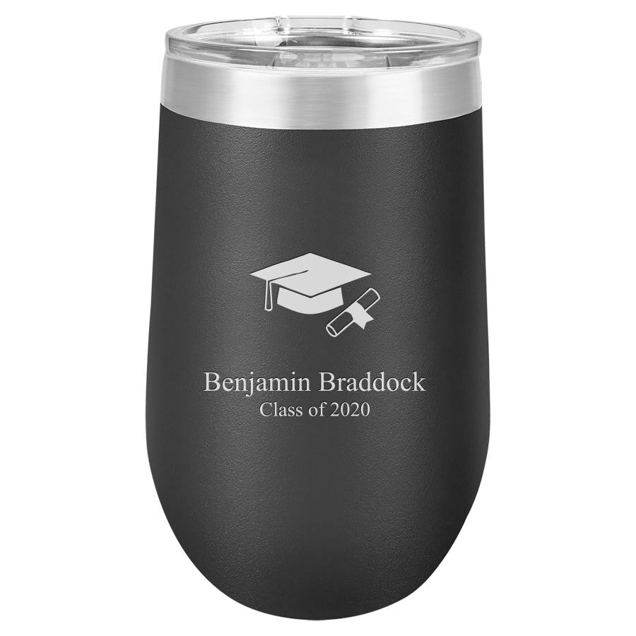Graduate Emblem 16 Ounce Black Insulated Stemless Wine Glass