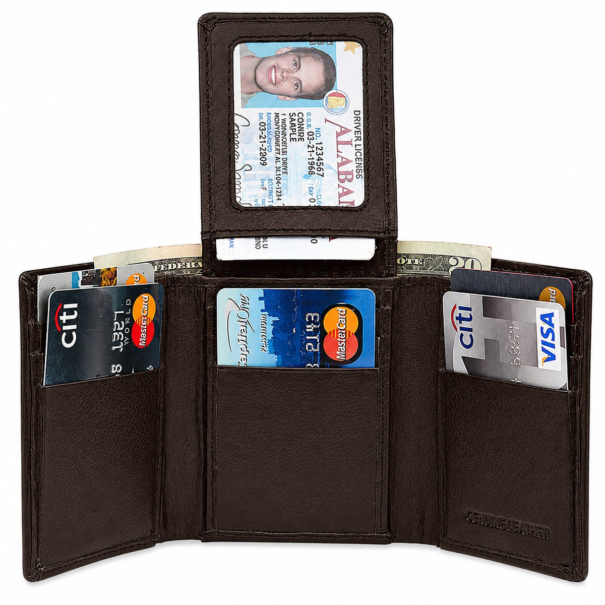 RFID Blocking Brown Leather Trifold Wallet With Flip Up ID Holder