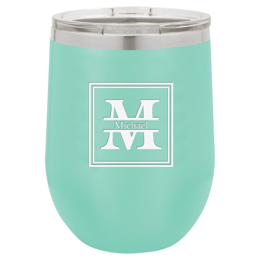 Split Monogram 12 Ounce Teal Insulated Stemless Wine Glass