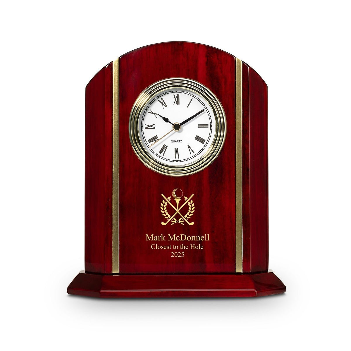 Elite Collection Crossing Golf Clubs Theme Theme Personalized Rosewood Desk Clock With Gold Accents