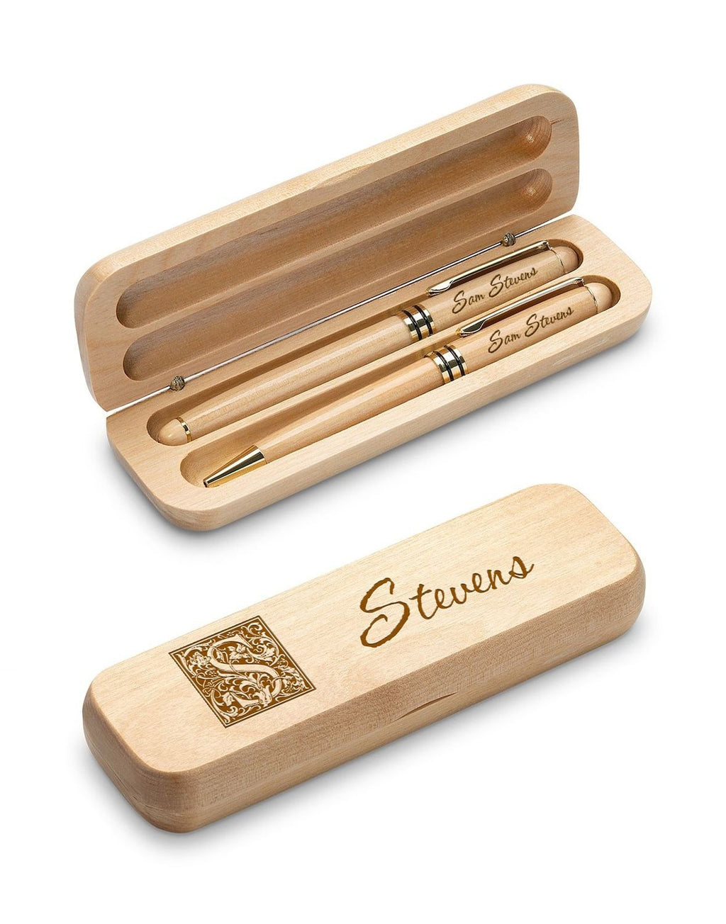 Last Name Monogram Personalized Maple Wood Ballpoint Pen & Fountain Pen Set