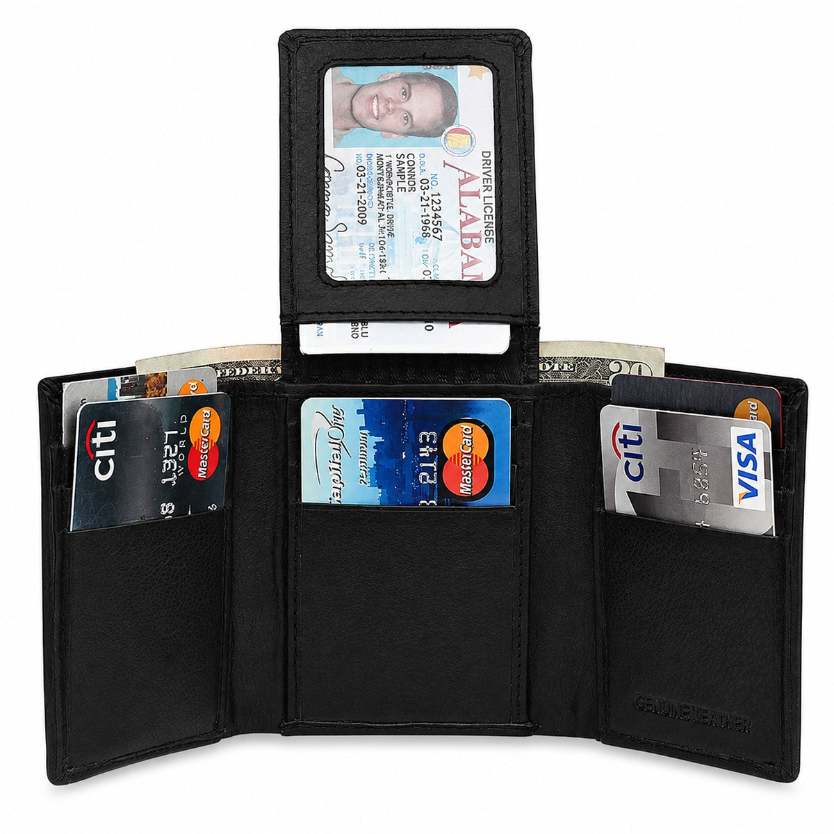 RFID Blocking Black Leather Trifold Wallet With Flip Up ID Holder