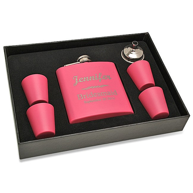 Bridemaid's Personalized Pink Flask & Shot Cups Gift Set - Executive Gift Shoppe