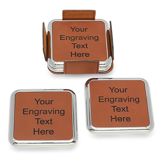 Personalized Rawhide And Silver Square Coaster Set