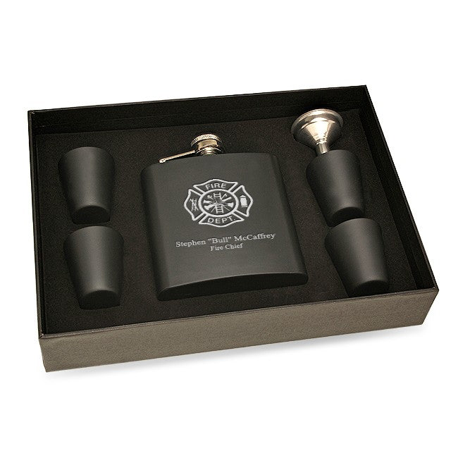 Firefighter's Personalized Black Flask & Shot Cups Gift Set