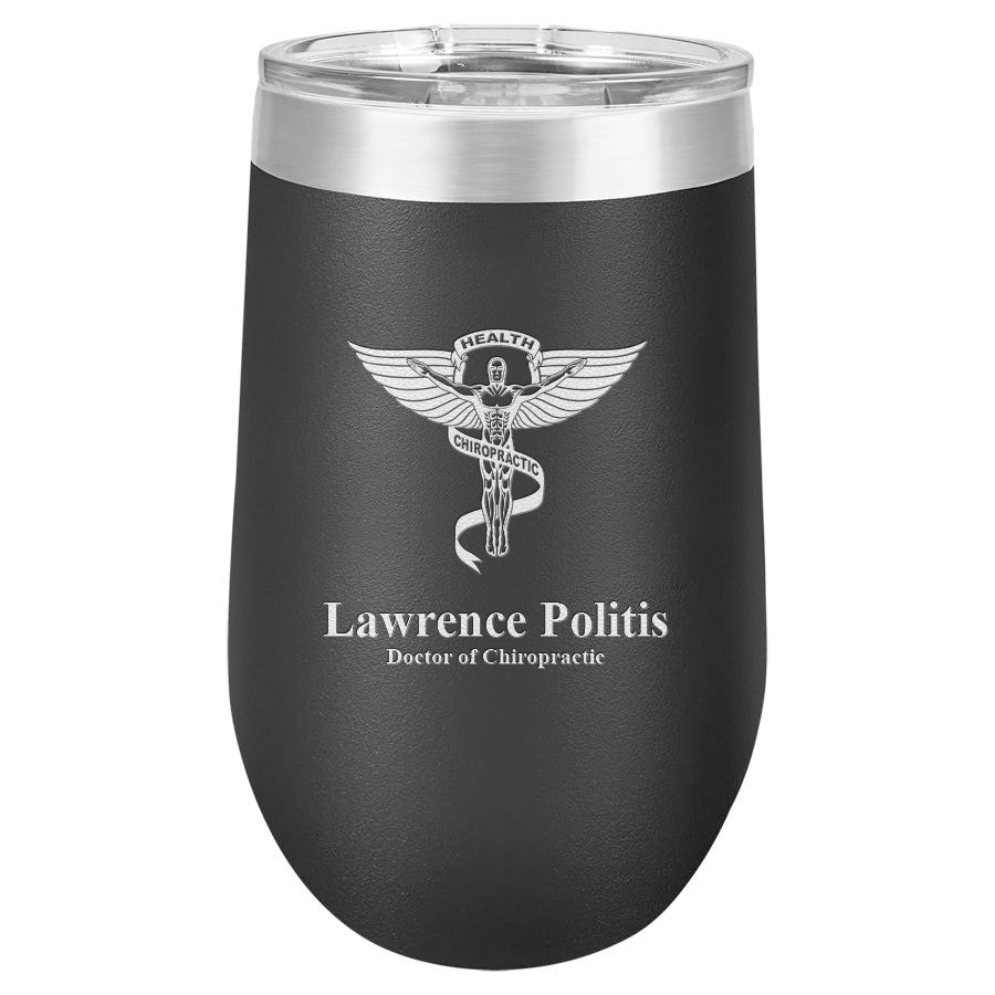 Chiropractor Emblem 16 Ounce Black Insulated Stemless Wine Glass