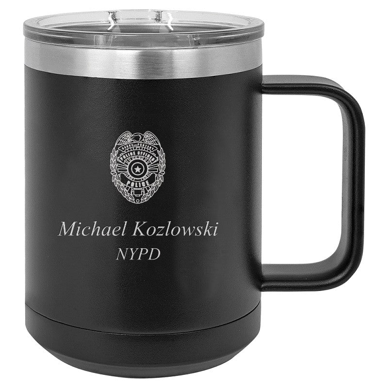 Police Shield Personalized Black Insulated Polar Camel Coffee Mug