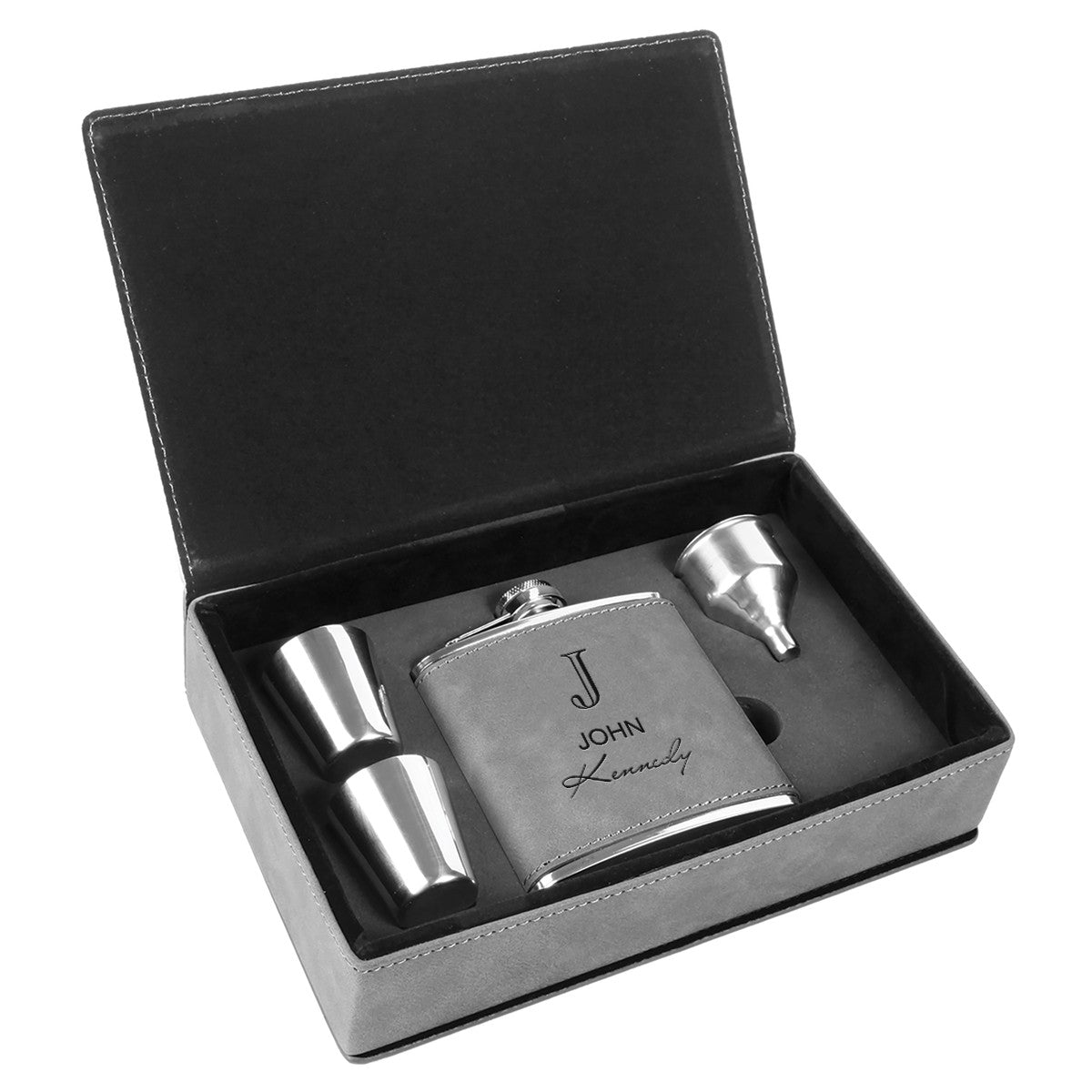 Gray & Black Full Name Monogram Flask Set