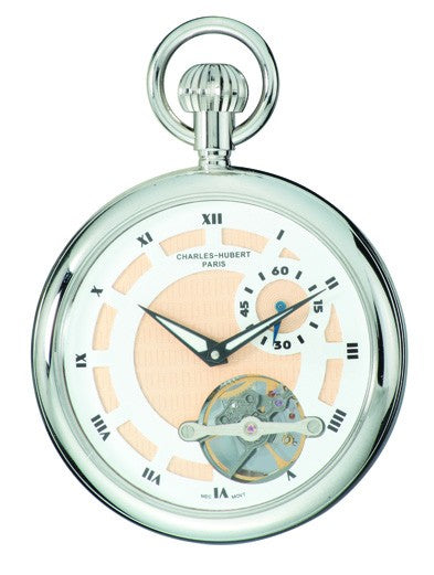 Silver Open-Faced Charles Hubert Pocket Watch & Chain #3901-W - Executive Gift Shoppe