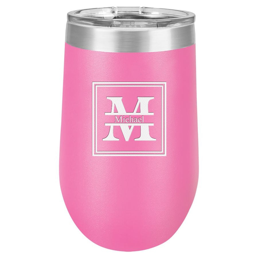 Split Monogram 16 Ounce Pink Insulated Stemless Wine Glass