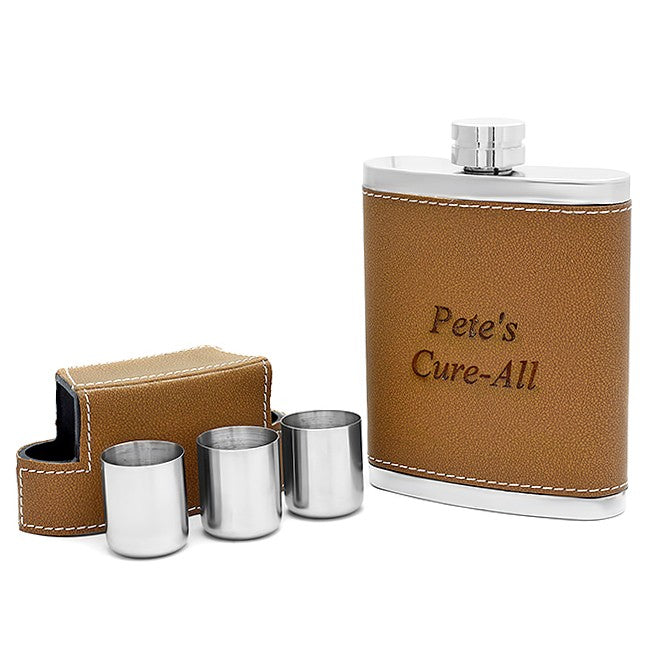Personalized Leather Flask and Shot Cups Set - Executive Gift Shoppe
