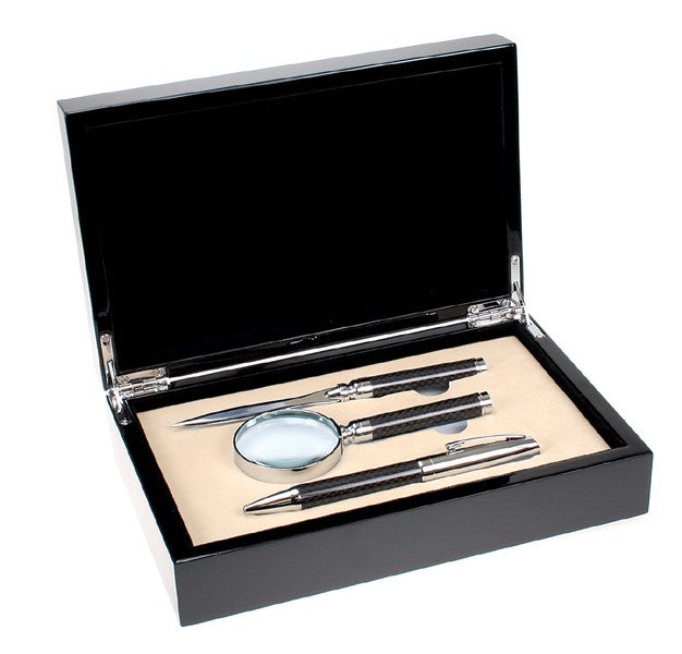 Personalized Carbon Fiber Pen, Letter Opener and Magnifier Set