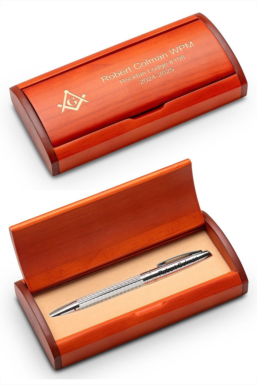 Masonic Theme Diamond Cut Personalized Ballpoint Pen with Wood Box