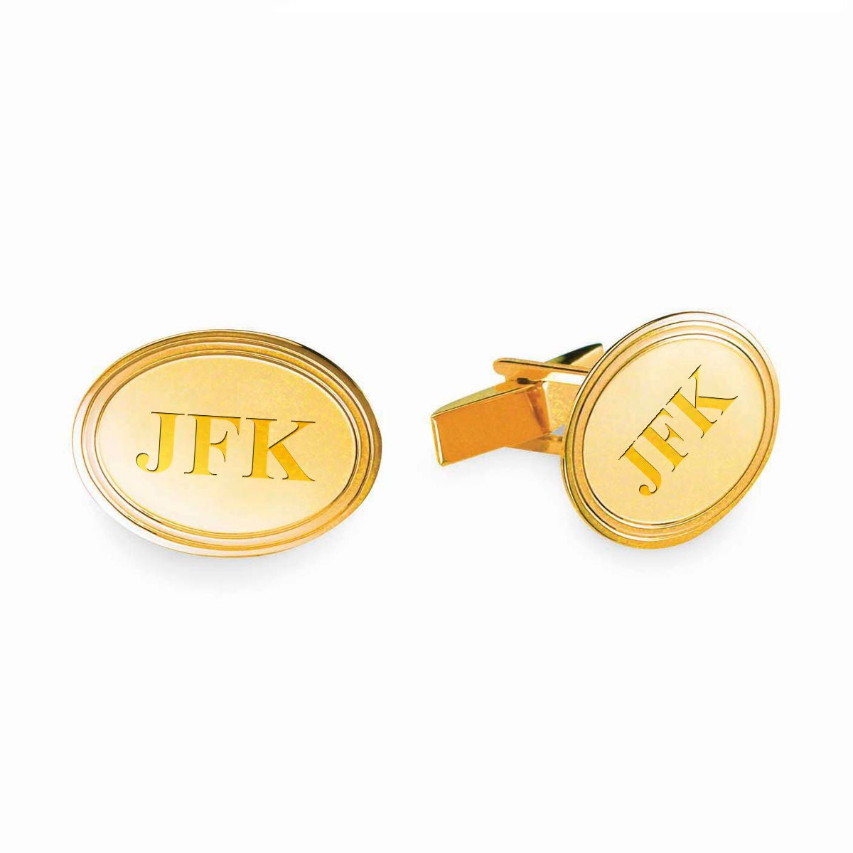 Polished Oval Engraved 14K Gold Cufflinks with Step Border