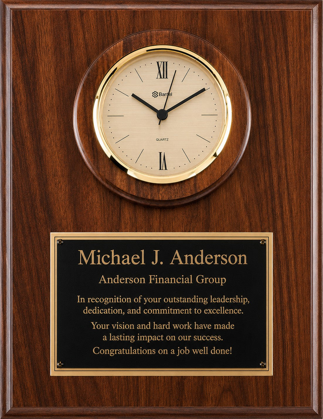 Personalized Genuine Walnut Recognition Plaque with Inlaid Clock with Cream Dial