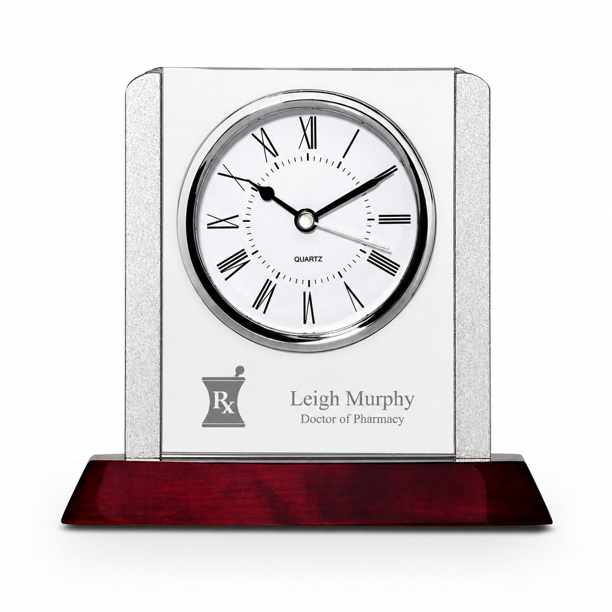 Prestige Collection Pharmacist Theme Personalized Rosewood, Glass & Steel Desktop Clock
