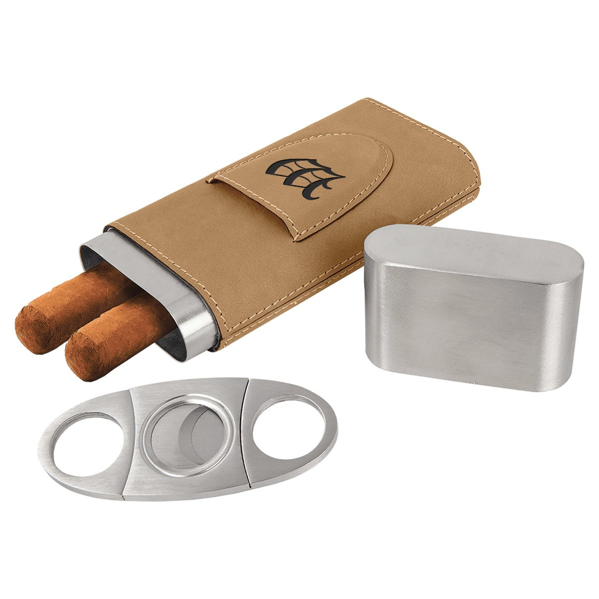 Personalized Steel Cigar Case with Cutter with Light Brown Wrap