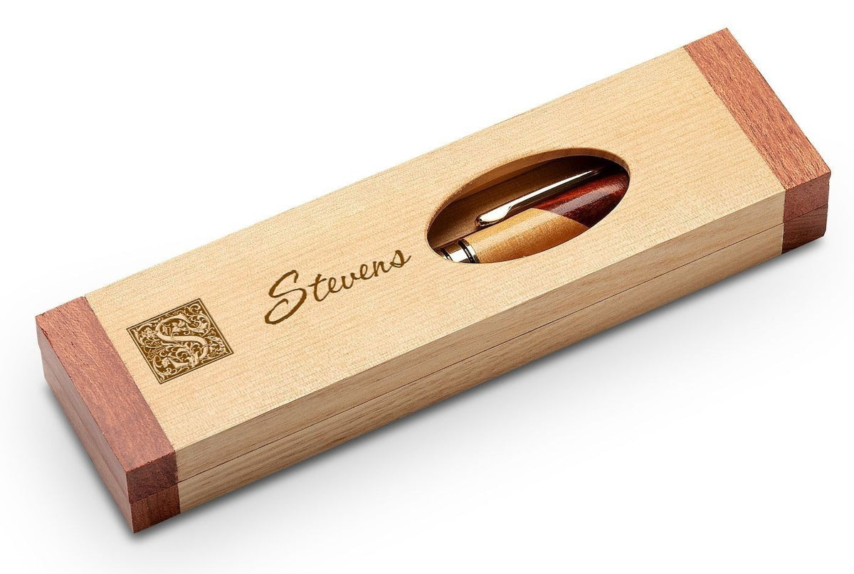 Last Name Monogram Theme Personalized Maple & Rosewood Engraved Pen and Box