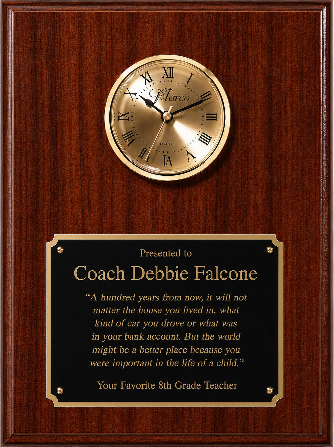 Personalized Cherry Finish Recognition Plaque with Inlaid Clock with Gold Dial