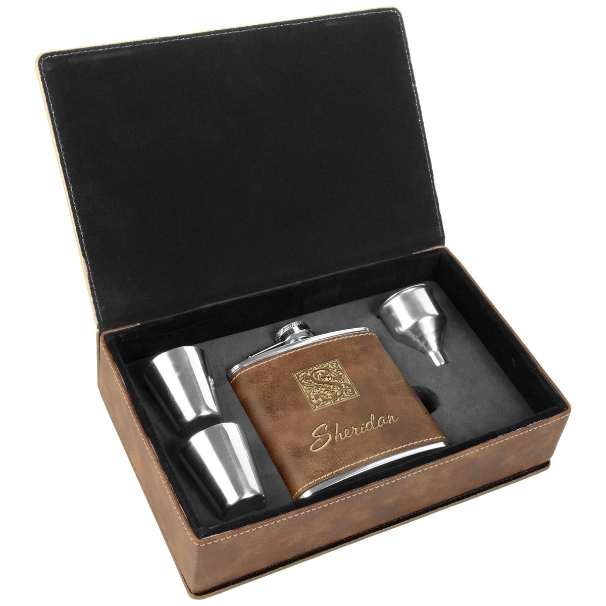 Antique Brown & Gold Last Name Monogrammed Flask Set
