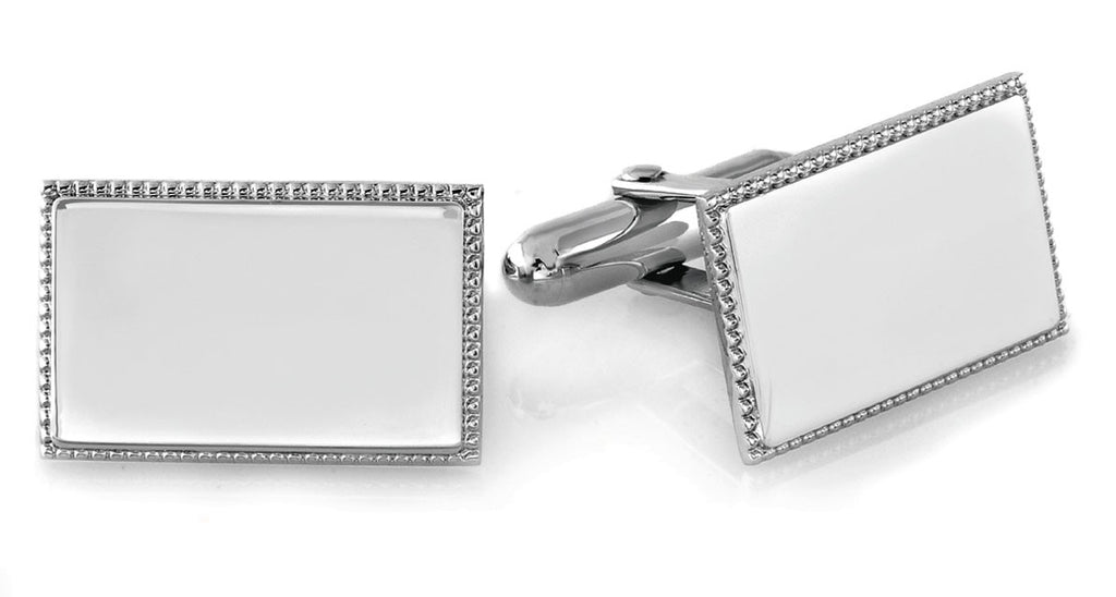 Sterling Silver Rectangular Beaded Engravable Cufflinks