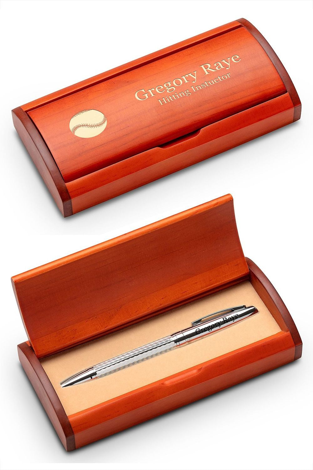 Diamond Cut Personalized Ballpoint Pen with Wood Box for Baseball