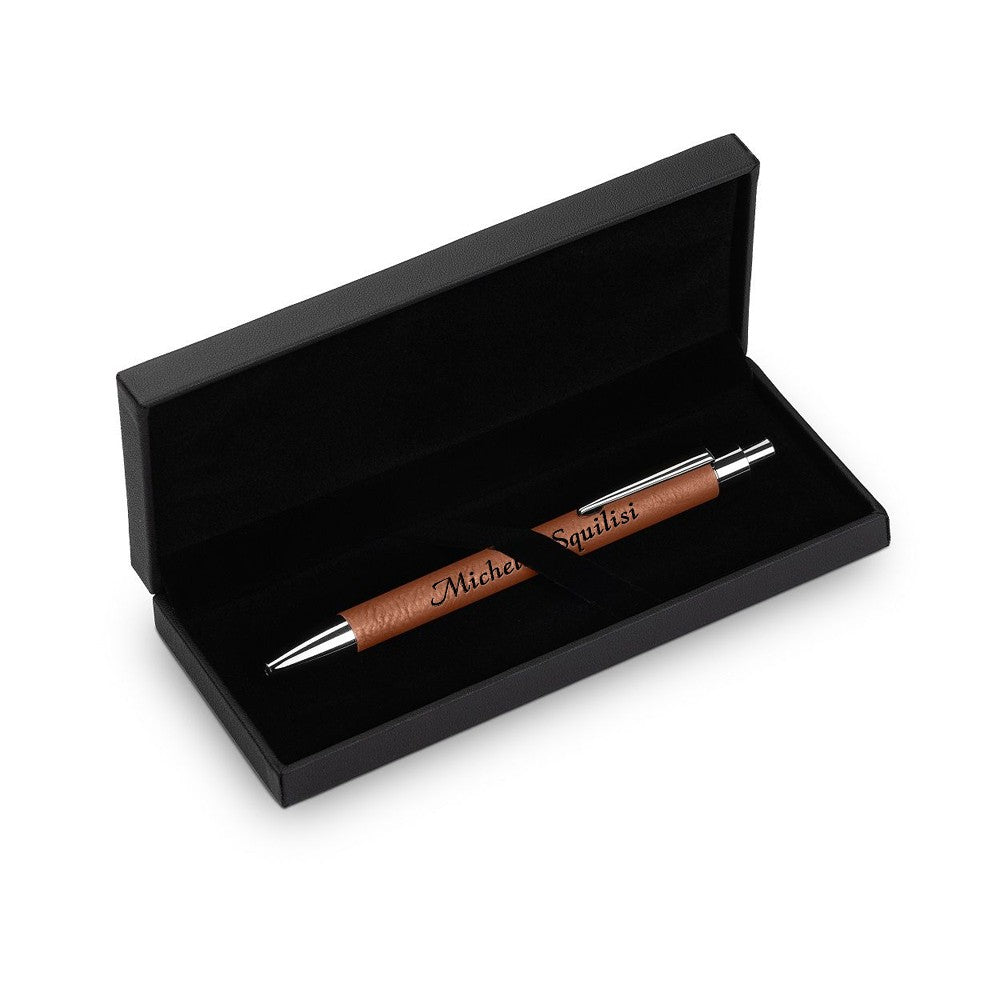 Silver & Rawhide Leatherette Click Action Ballpoint Pen - Free Personalization