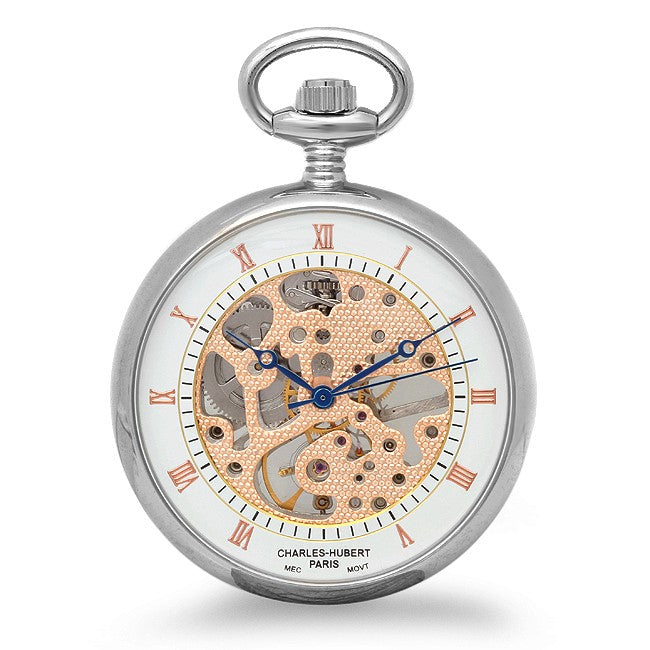 Silver & Rose Gold Open Face Charles Hubert Pocket Watch & Chain #3801 - Executive Gift Shoppe
