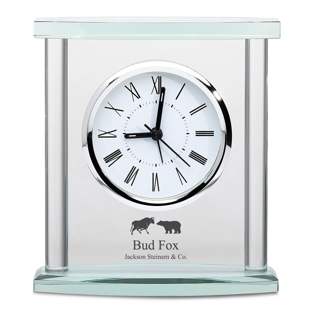 Bull & Bear Personalized Glass Table Clock with Silver Finish Accents