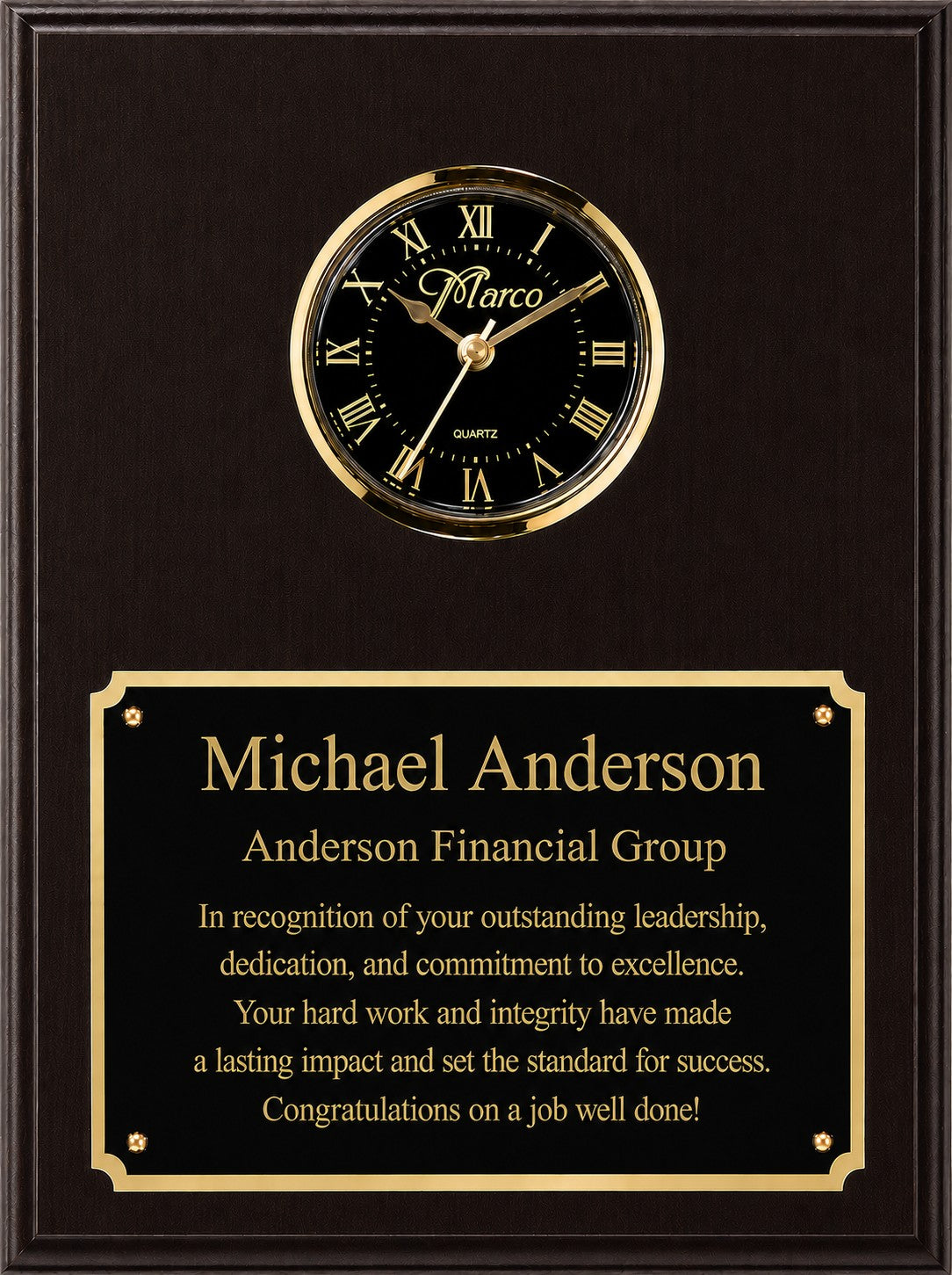 Personalized Black Matte Finish Recognition Plaque with Inlaid Clock with Black Dial