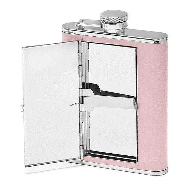 Women's Pink Leather Flask With Cigarette Case - Executive Gift Shoppe