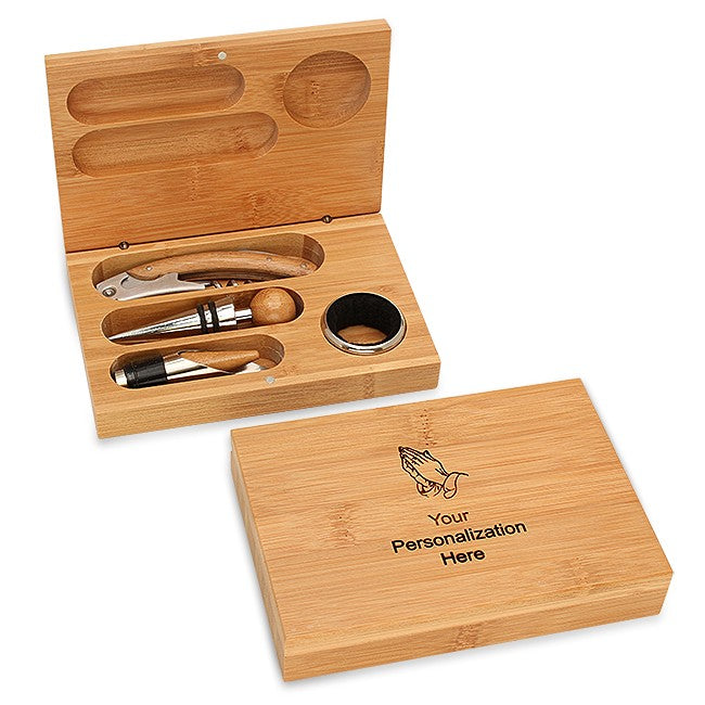Praying Hands Bamboo 4 Piece Wine Tool Set