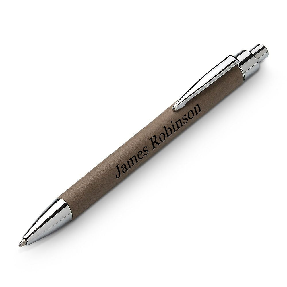 Silver & Brown Leatherette Click Action Ballpoint Pen - Free Personalization