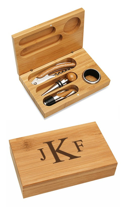 Roman Monogram Bamboo 4 Piece Wine Tool Set