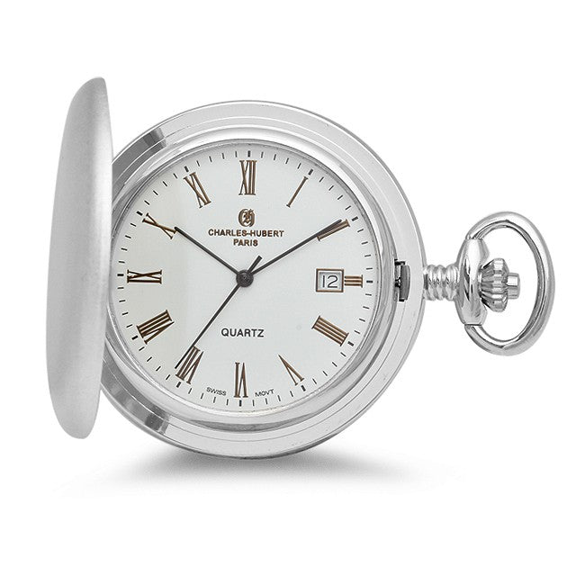 Rhodium Plated Quartz Mens Charles Hubert Pocket Watch & Chain #3726 - Executive Gift Shoppe