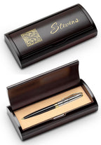Last Name Monogram Engraved Black & Gold Ballpoint Pen with Cherry Wood Box