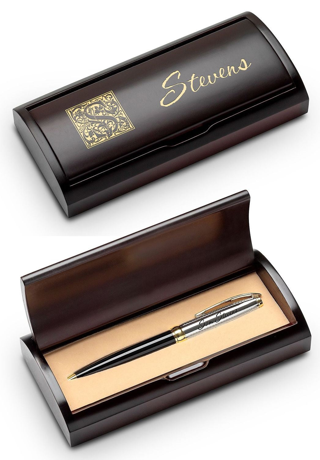 Last Name Monogram Engraved Black & Gold Ballpoint Pen with Cherry Wood Box