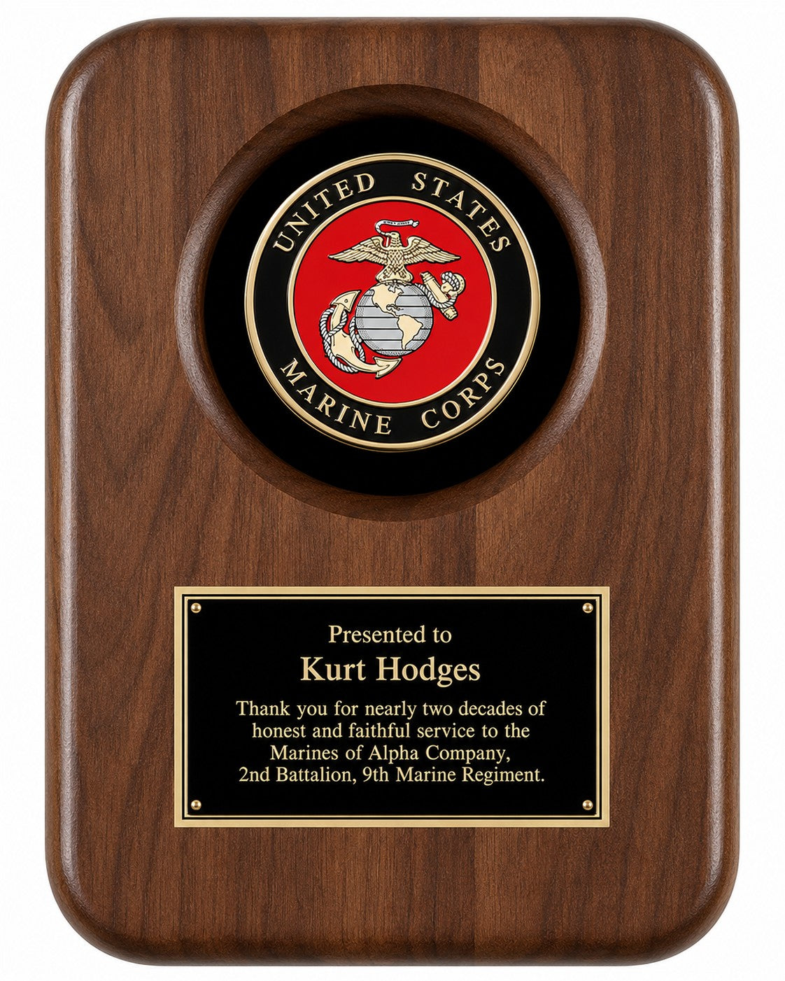 US Marines Genuine Walnut Plaque with Laser Engraved Plate