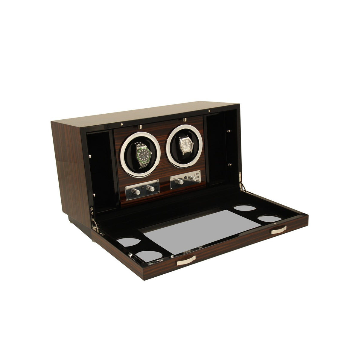 Ebony Burl Wood Two Watch Winder With Glass Face